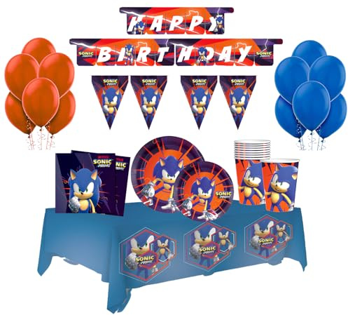 WOOPARTY Kit Compleanno Sonic per 24 Persone - Set Festa 116 Pezzi con Piatti, Bicchieri, Tovaglioli, Palloncini, Tovaglia, Festoni e Decorazioni - Addobbi Tema Sonic per Bambini