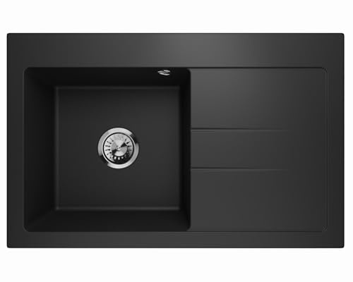 Lavello - Fregadero de granito negro – Fregadero profundo de 88x50 cm – Fregadero de cocina de 1 cubeta con escurridor, fácil de cuidar, resistente a los arañazos, reversible - incluye juego de