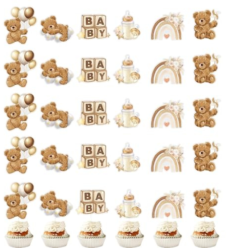 FMPXYYA Cupcake Topper 24 Stück Baby Party Deko – Kuchen Deko Set Papierstecker für Muffins und Desserts – Neutral – für Taufe, Gender Reveal, Geburtstagsfeier, Babyparty