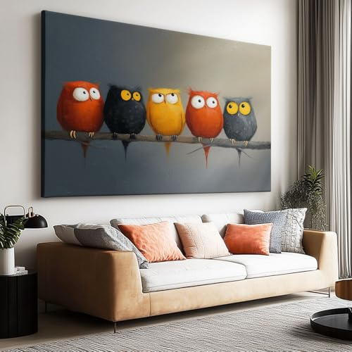 Leinwand-Wandkunst 120x60 cm Ungerahmt - Cartoon Eule Ast Leinwandbild Kunstdruck Groß XXL für Wohnzimmer Schlafzimmer Wandbilder Canvas Design Dekoration