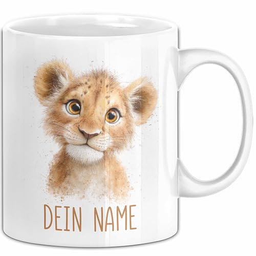 Löwen Tasse mit Namen – Personalisierte Geburtstag Tasse Tiermotiv Geschenkidee Junge Mädchen (Weiß)