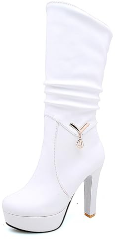 LarDorLin Talons Hauts Plateforme Bottes Femme Mi-Mollet Harness Mode Bout Rond Bridal Elegant Slouchy Bottines Bowknot Blanc Taille 35 EU