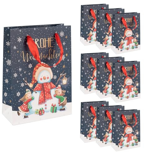 Idena 90404 - Geschenktaschen Schneemann, 10 Stück in Blau, Papiertüten in der Größe 34,5 x 25 x 8,5 cm, Geschenktüten für Weihnachten