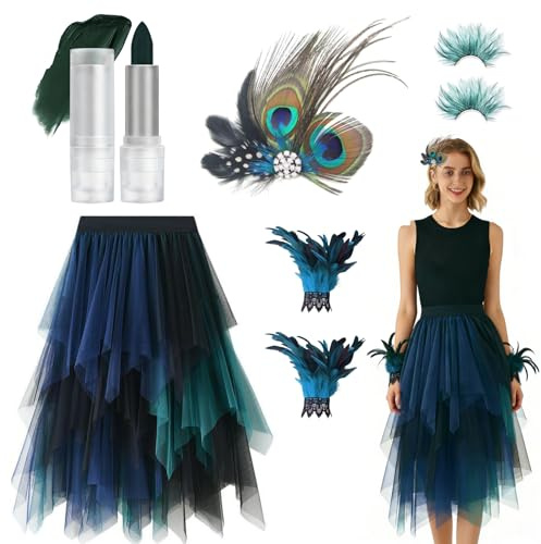 YDUNARISE Pfau Kostüm Damen,5STK Pfau Accessoires,mit Asymmetrisch Tüllrock,Wimpern Federn,Feder Manschetten,Grüner Lippenstift,Haarschmuck,Frauen Kostüm Karneval