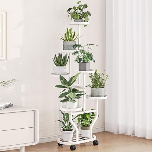 SXKJQER Portavasi Interno Esterno 7 Vasi Fioriera Supporto Piante Fiori Metallo Portafiori Ferro Battuto Da Orchidee Balcone Giardino,Soprammobile Con Rotelle(White)
