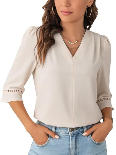 HAWILAND Damskjorta 3/4 ärm V-ringad blus elegant puffärmar chiffong business casual vår sommar skjortblus, Aprikos, M