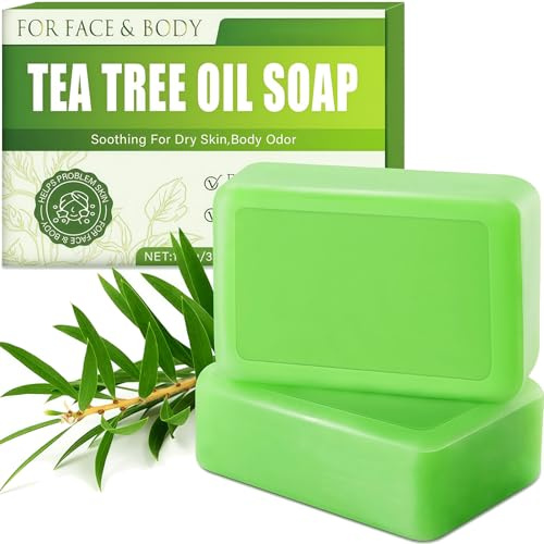 2PCS Tea Tree Oil Soap Bar - Mild Organic Tea Tree Bath Soaps with Foaming Nets, Cold Process Soothing Hydrating Soap for Clear Skin, Controls Oil, Clears Pores, Suitable for Face and Body