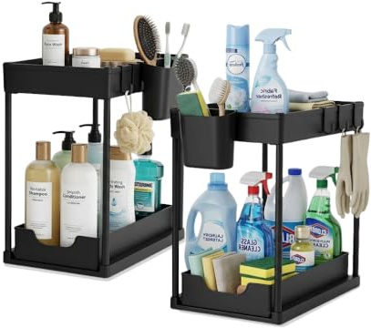 M&W Home Solutions 2 Pack Under Sink Organiser, 2 Tier Pull Out Sliding Storage Rack with Hooks & Side Holder, Kitchen & Bathroom Cupboard Organisation, Under Cabinet Space Saving Shelf Black