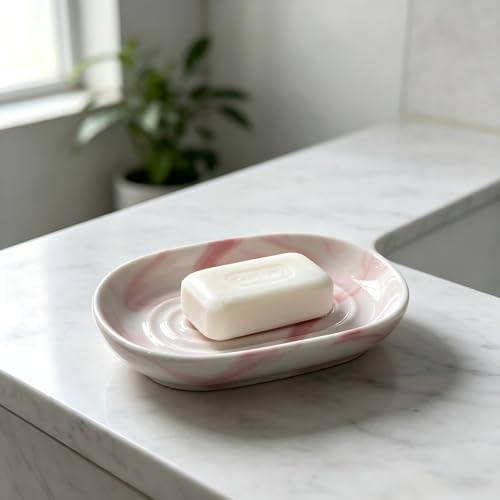 Elliptical - Pink Stone Pattern Soap Dish and Holder - Ceramic Bathroom Decor with Drainage Grooves for Shower and Vanity