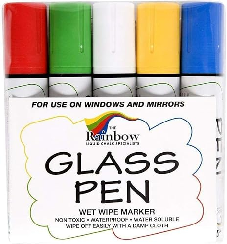 Rainbow Chalk Markers Glass Pen - 15mm Large 5 Pack Assorted For Writing on WINDOWS GLASS MIRRORS WINDSCREENS DISPLAYS Wet Wipe Erasable Water Based Rain Proof