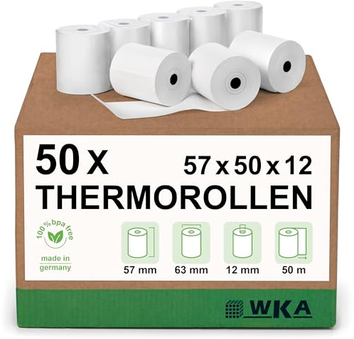 Thermorollen, 57 mm x 50 m x 12 mm, weiß, 50 Rollen | Bonrollen, Kassenrollen, Thermo-Bonrollen, deutsche Produktion, Thermobeschichtung außen, ohne Rückseitenaufdruck