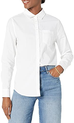 Amazon Essentials Chemise Boutonnée en Popeline à Manches Longues, Coupe Classique Femme, Blanc, XL