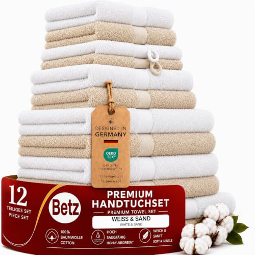 Betz Premium Handtuch-Set 12-teilig – 100% Baumwolle – Oeko-TEX® Zertifiziert – hohe Grammatur – Duschtücher, Handtücher, Gästetücher & Waschhandschuhe Farbe weiß/Sand