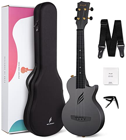Enya Konzert Ukulele Nova U 23 Zoll Kohlefaser Anfänger Ukulelen Set mit Tasche Saiten Gurt Capo Wasserdicht (Schwarz)