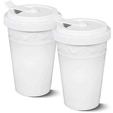 KPM Berlin KURLAND To-Go Becher Duo-Set 2tlg. reinweiß mit Deckel, Porzellanbecher 0,35l, handgefertigte Kaffeebecher 14 cm im Geschenkkarton