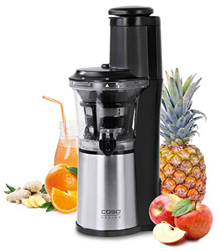 CASO SJW 500 - Design Slow Juicer, Testergebnis „Sehr gut“, Entsafter für Obst, Gemüse & Kräuter, große Einfüllöffnung 75 mm Ø für ganze Früchte, mit Saft- und Sorbetsieb, Schwarz, Edelstahl