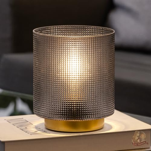 MJ PREMIER Battery Operated Table Lamps, Glass Cordless Lamp for Bathroom, Battery Night Lights with Timer, Battery Powered Table Lamp, Room Decor for Bedroom/Dining Room/Gifts (Grey)