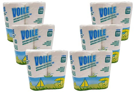 6 Confezioni Carta igienica WC Eco Voile 4 Rotoli idrosolubile Camper 200 Strappi, ideale per camper, barca e fossa biologica
