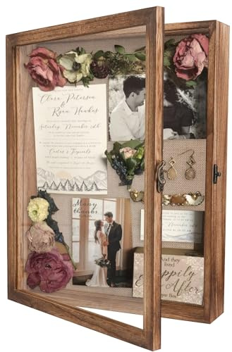 GraduatePro Shadow Box Frame 11x14 Display Case with Linen Back, Real Glass Window Door with Hinge, Picture Frame Wedding Bouquet Memorabilia Medals Photos Memory Box for Keepsakes, Carbonized Black