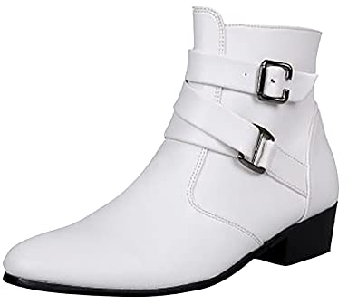 BRISEZZ Herren Kurze Stiefel Runde Zehe Einfarbig Dicker Absatz Niedrige Stiefel Schnalle Seitlicher Ankle Booties mit Reißverschluss Männer Warmer Schneestiefel Flache Stiefeletten（Weiß，45）