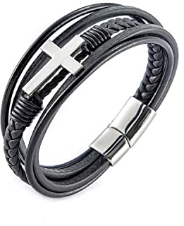 Aleasha Schwarz Leder Armband Kreuz Armband Leder Herren Edelstahl Magnet Verschluss ArmbäNder Schmuck Geschenk 21cm