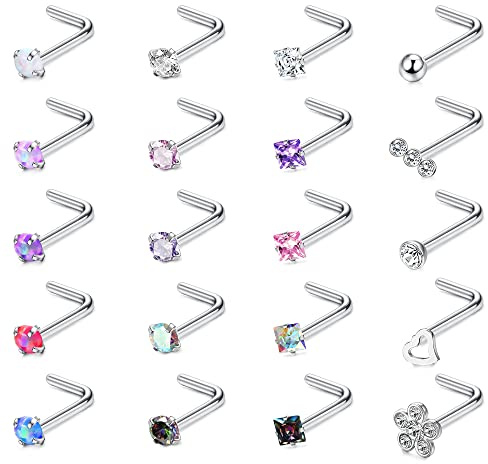 Adramata 20 stycken 20 g nostril piercing rostfritt stål näspiercing plugg set diamant opal CZ näspiercing smycken för kvinnor män skruv/rak/L-formad näsbult flerfärgad, Zirkonia, diamant, opal