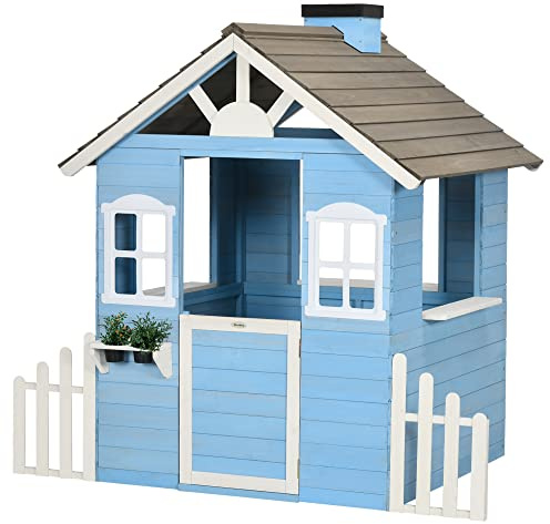 Outsunny Casita Infantil de Madera Casa de Juegos Exterior para Niños de 3-7 Años con Puerta Ventanas Macetas y Vallas Laterales 151x112,5x142 cm Azul