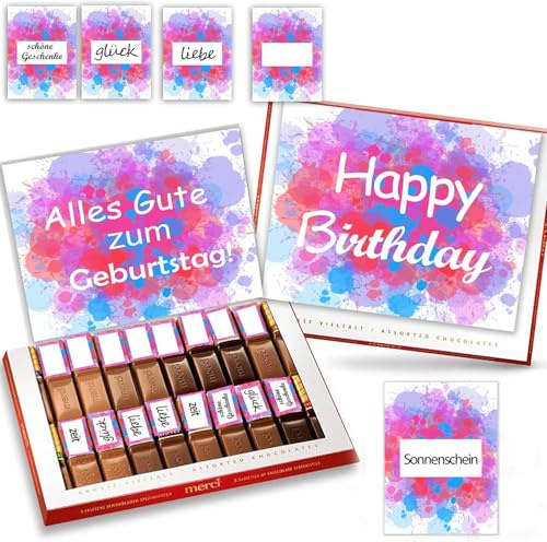 2pcs Aufkleber Set passend für Merci Schokolade 250g für Geschenke zum Geburtstag mit vorgedruckten und blanko Aufklebern bunt selbstklebend kreative Individuell I ohne Schokolade