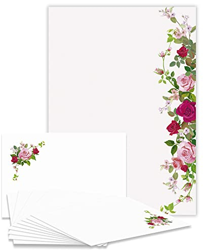Briefpapier-Set Rosenranke DS116 – 10 Blatt Designpapier, 10 Umschläge B6 mit Motiv bedruckt – Hochwertiges Motivpapier, Hochzeit, Verlobung, Brief, Einladung, Jubiläum, Liebesbrief, Rosen – 90 g/m²