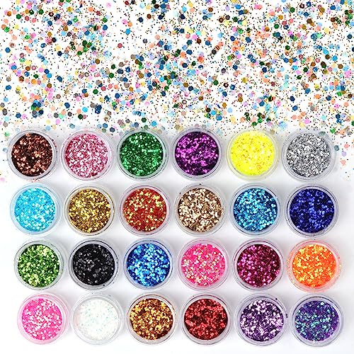 Festival Glitter, Face Glitter, 24 Color Body Glitter, Holographic Sequins for Face, Hair, Body, Nail, Eye, Cosmetic Glitters for Wax Melts, Pride Makeup, Art Nail, Crafting, Party