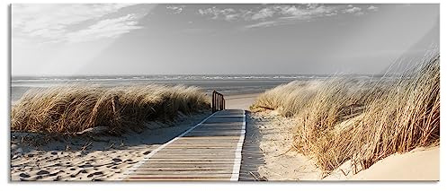 Pixxprint Glasbild Panorama, Wandbild aus Echtglas, Weg zum Strand durch die Dünen B&W Detail, 120x50 cm, inkl. Aufhängung und Abstandshalter