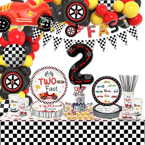 XJLANTTE 186 Stück Rennwagen-Geburtstagsdekorationen – Rennwagen-Luftballons, Becher, Tischdecke, für die Geburtstagsfeier von Jungen im Alter von Zwei Jahren, für 20 Gäste (Zwei schnelles Set)