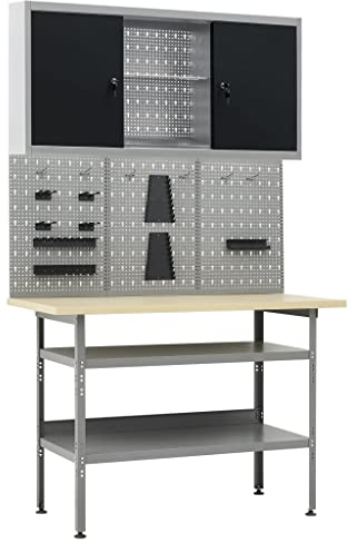 Werkbank mit 3 Werkzeugwänden und 1 Wandschrank, CIADAZ Werktisch, Arbeitstisch, Schweißtisch, Maschinenuntergestell, Werkzeugbank Spanntisch