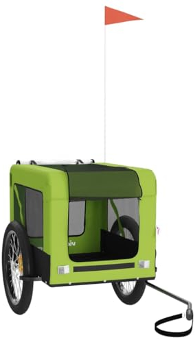 vidaXL Fahrradanhänger für Hunde, Hundeanhänger mit Reflektoren Flagge, Hundetransporter Maximale Belastbarkeit 45 kg, Haustier Transportwagen, Grün Schwarz Oxford-Gewebe Eisen