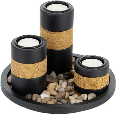 Relaxdays värmeljushållare set med bricka och stenar, Ø 19,5 cm, bordsdekoration vardagsrum och matsal, ljushållare, svart/brun