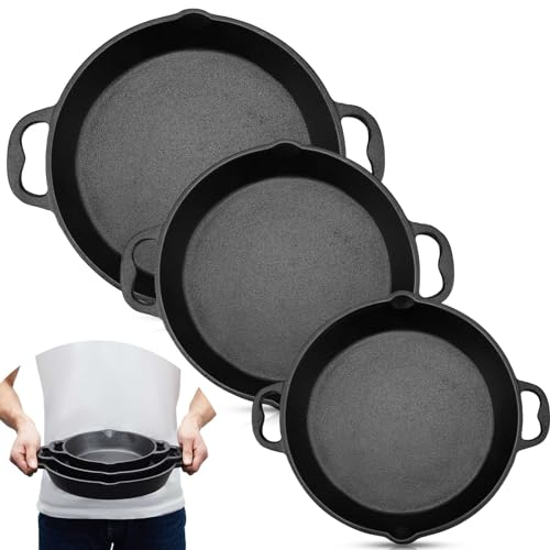 Sunnychicc Juego de 3 mini sartenes de hierro fundido de 8, 10 y 12 pulgadas, color negro, presazonado, con asas dobles, aptas para horno