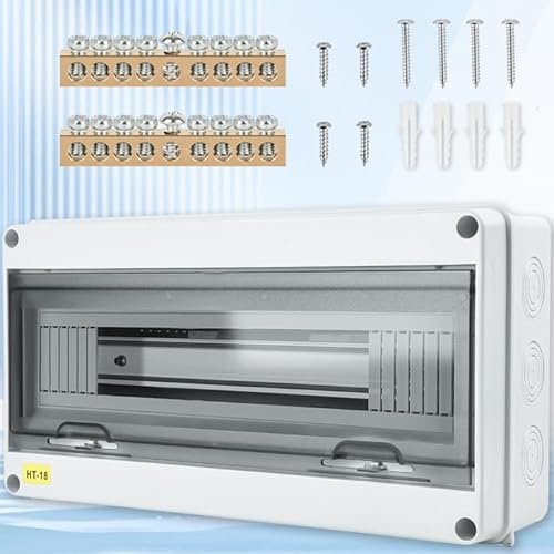 Warmfay Sicherungskasten Aufputz, IP65 Wasserdicht Kleinverteiler Aufputz 1 Reihig-18 Module mit Kupferklemmen, Unterverteilung Aufputz für Garten, Außenbereichen, Villen, Ladesäulen, Nassraumeinsatz
