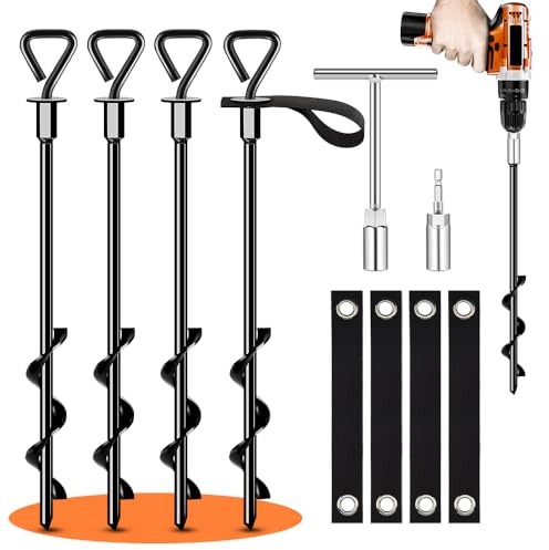 Trampoline Anchor Kit Ground Anchors Screw in Tent Pegs Heavy Duty for High Winds, Trampoline Anchors with Straps, Canopies, Carports, Sheds, Swing Sets,Mobile Home 14in Ground Anchors (4)
