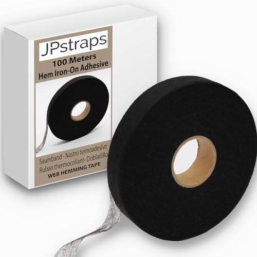 JPstraps Saumband (100 m x 20 mm), doppelseitiges Klebeband, Fliselin, zum Aufbügeln für Stoff, Vorhänge, Hosen, Jeans, Flicken und Uniformen (schwarz)
