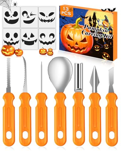 Daover Halloween Kürbis Schnitzset, 13 Stück Kürbis Schnitzen Set, Premium Edelstahlwerkzeug, DIY Halloween Dekoration Edelstahl Kürbis Schnitzwerkzeuge für Erwachsene und Kinder