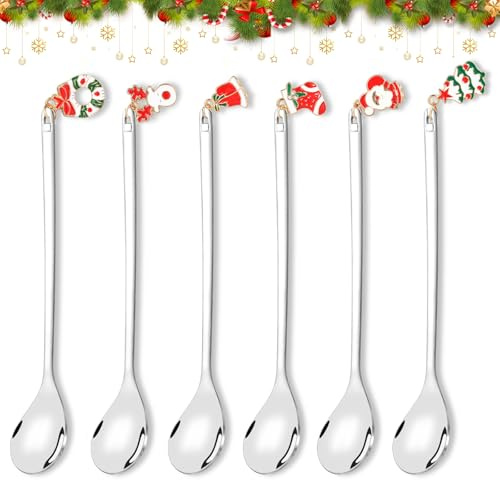 HOWAF Weihnachtslöffel Set，6er Edelstahl Löffel Weihnachten mit Weihnachtsanhänger, Kaffeelöffel Weihnachten Teelöffel, Rührlöffel, Dessertlöffel für Weihnachtsbesteck, (Silver)