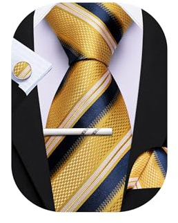 Barry.Wang - Juego de corbata, pinza de corbata y pañuelo cuadrado de seda con diseño a rayas/a cuadros para hombre, para bodas formales, negocios, fiestas, Taille unique