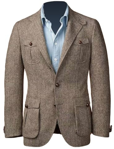 RAJEGAR Uomo Blazer in Tweed Vintage a Spina di Pesce con Due Bottoni Giacca Casual in Misto Lana Marrone Stile Britannico, cachi, 5XL