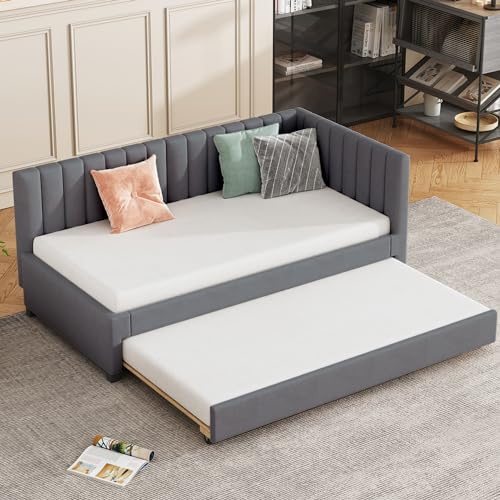 Arhatreya Schlafsofa 90x200 cm, Ausziehbares Polsterbett mit Lattenrost, Jugendbetten Kinderbetten Gästebetten Tagesbett für Wohnzimmer Schlafzimmer Hautfreundlicher Samtstoff Grau(Ohne Matratze)
