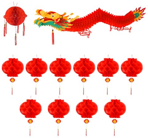 Décorations PLULON Dragon Chinois avec Lanterne Rouge 12 pièces, Guirlande de Dragons 3D à Suspendre au Plafond, Guirlande de lanternes en Papier pour Le Nouvel an Lunaire Chinois 2026