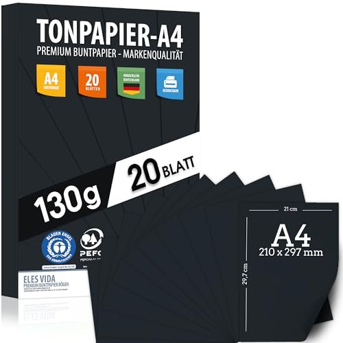 Tonpapier SCHWARZ - A4-130g/m² – Bastelpapier & Schwarzer Karton, Kinder & DIY Bogen, Basteln für Geschenke zum Kreativ sein Bedruckbar - BLAUER ENGEL & PEFC Zertifizierung - MADE IN GERMANY
