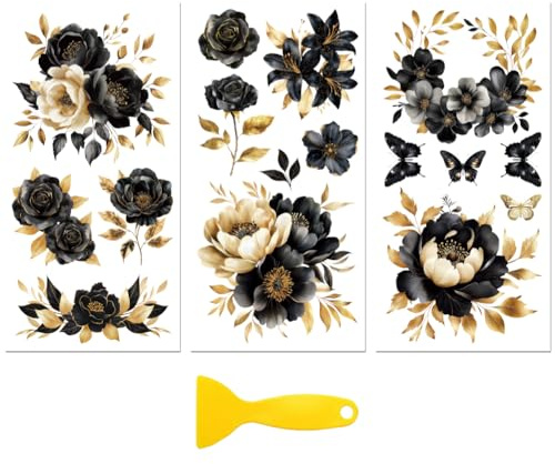 Peacoblue UV DTF Rub-On Transferfolie Möbel-Sticker Schwarz-Goldene Blume Muster 15x30cm, 3 Stk. Wasserfeste Deko-Transferaufkleber für Möbel Gläser Porzellan Wäscheschränke Kommoden Holz Kunststoff | 3er Set UV DTF Transfersticker 15x30cm, Wasserfeste Dekorfolie für Möbel, Schubladen, Holz, Glas und Keramik