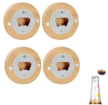 Weenwill Abridores de Botellas,4 PCS Abridor de Botellas Redondo de Madera con Base Magnética,Compacto y Duradero,Ideal para el Hogar,Bar,Campamento y Regalar