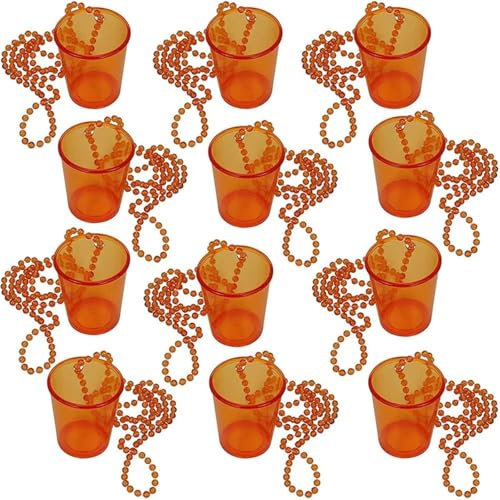 Lot de 12 mini verres à liqueur en plastique avec chaîne à accrocher - Avec collier sur perles - Verre à liqueur - Verres à liqueur - Team mariée - Bachelorette - Party - Orange
