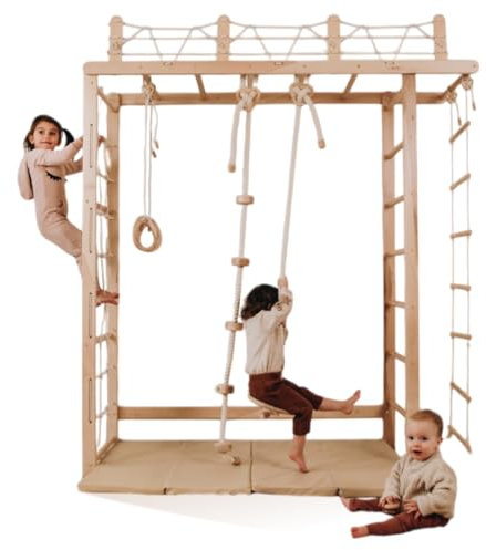 Wood And Hearts Riesige Brücke Schwedische Leiter, sprossenwand, kletterwand kinderzimmer, turnringe, sprossenwand kinderzimmer, Indoor Spielplatz, kletterwand (Natürliche Holzfarbe)